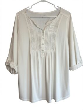 Charter Club Woman 1X White Cotton Pintuck Henley Top Tab Sleeve